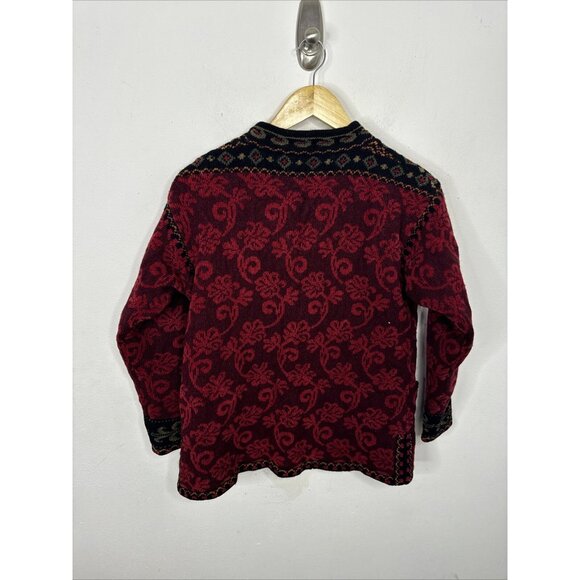 Icelandic Design Fair Isle Cardigan Sweater Woman S Red Nordic Knit Wool Blend - Picture 4 of 7